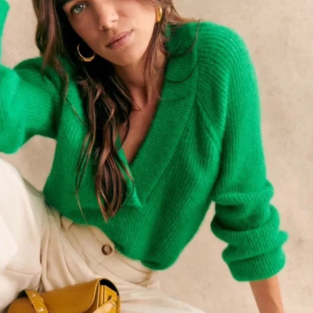 SEZANE Kelly Green Soft Alpaca Classic Preppy V Neck Sweater Cody Jumper XS